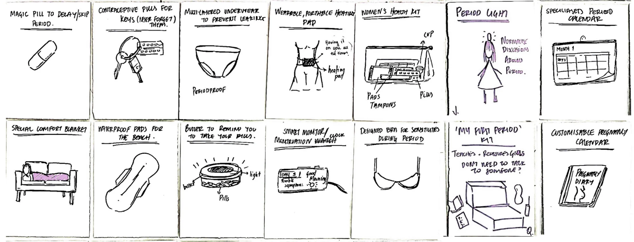 Hand-sketched grid of 14 early product concepts