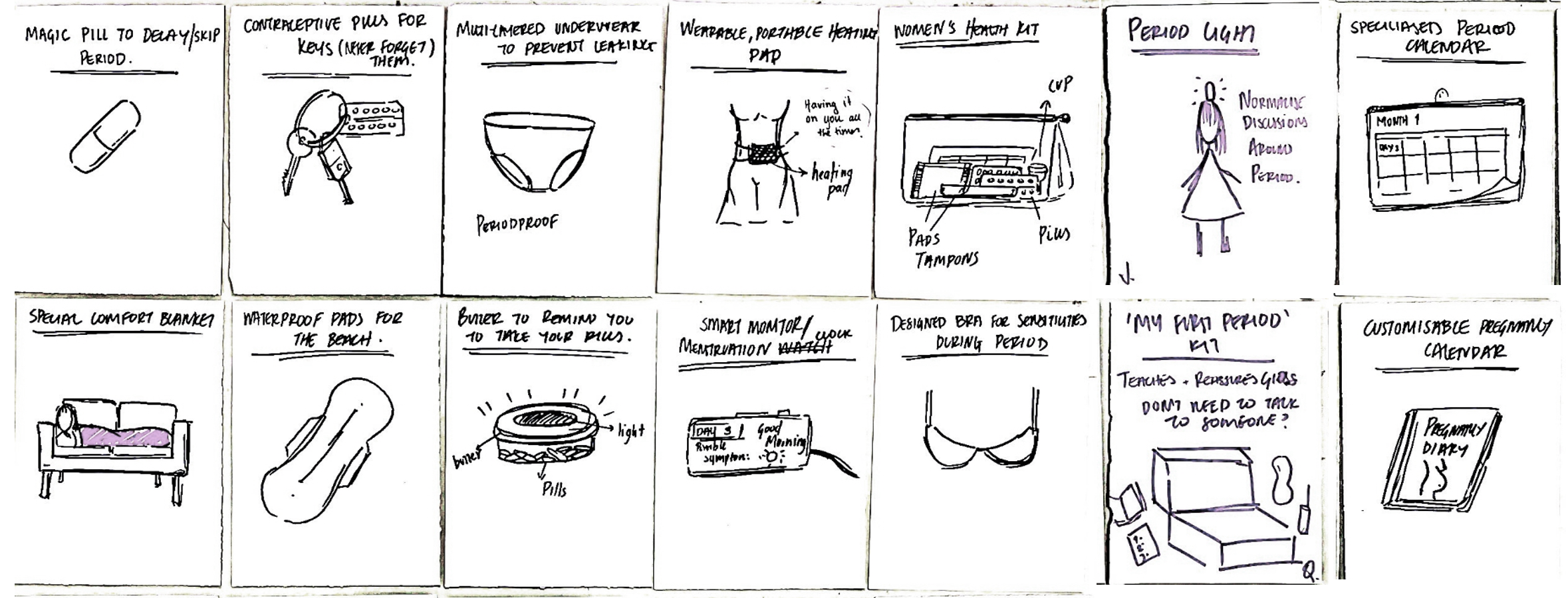 Hand-sketched grid of 14 early product concepts
