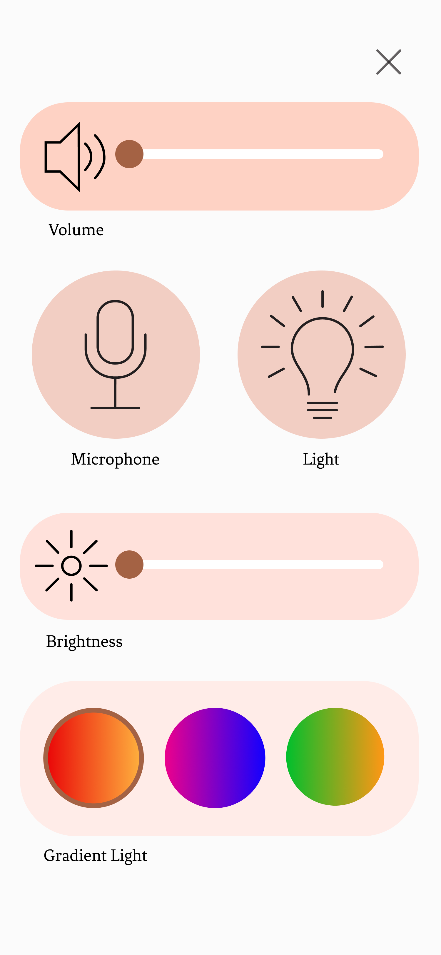 Device control screen showing volume, microphone, brightness, and gradient colour selection