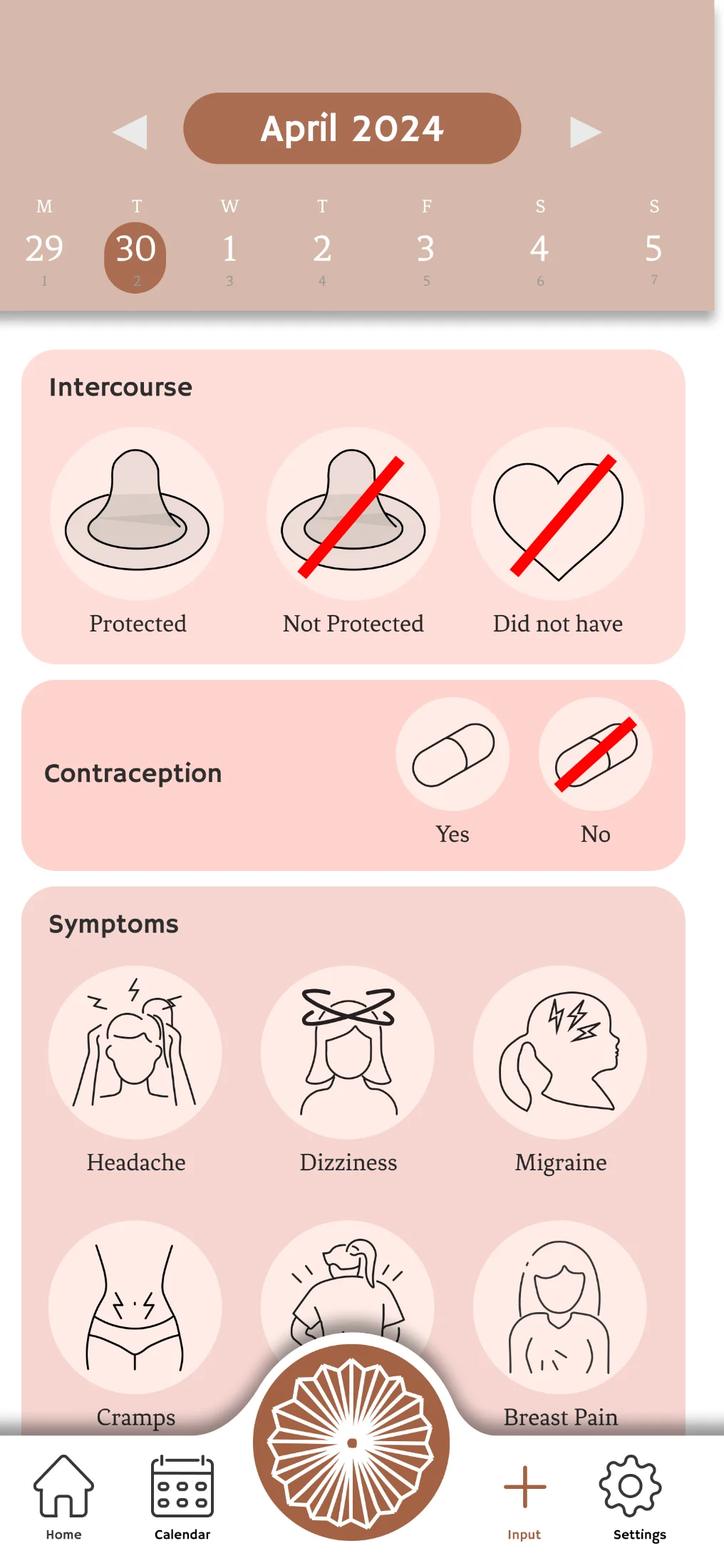 Input screen for logging symptoms, intercourse, contraception