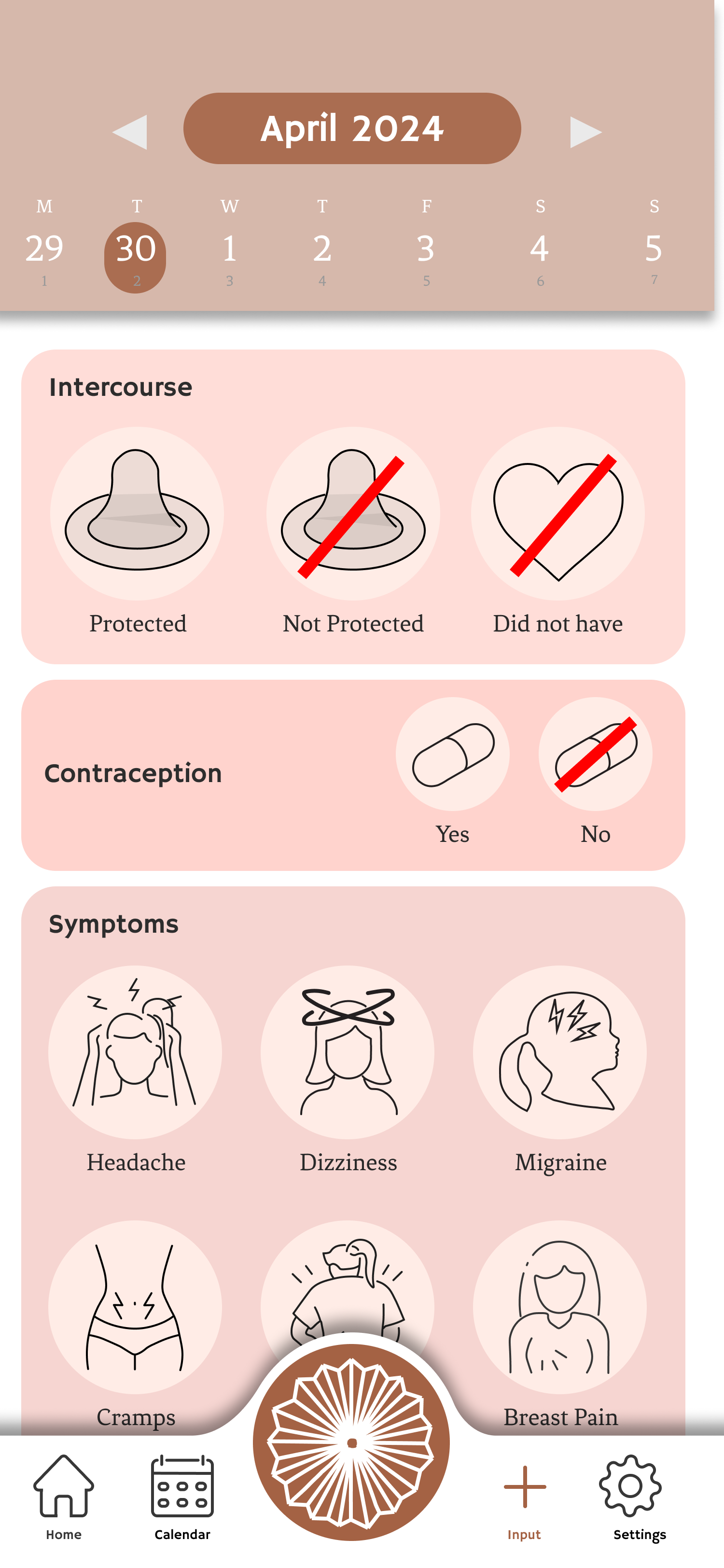 Input screen for logging symptoms, intercourse, contraception