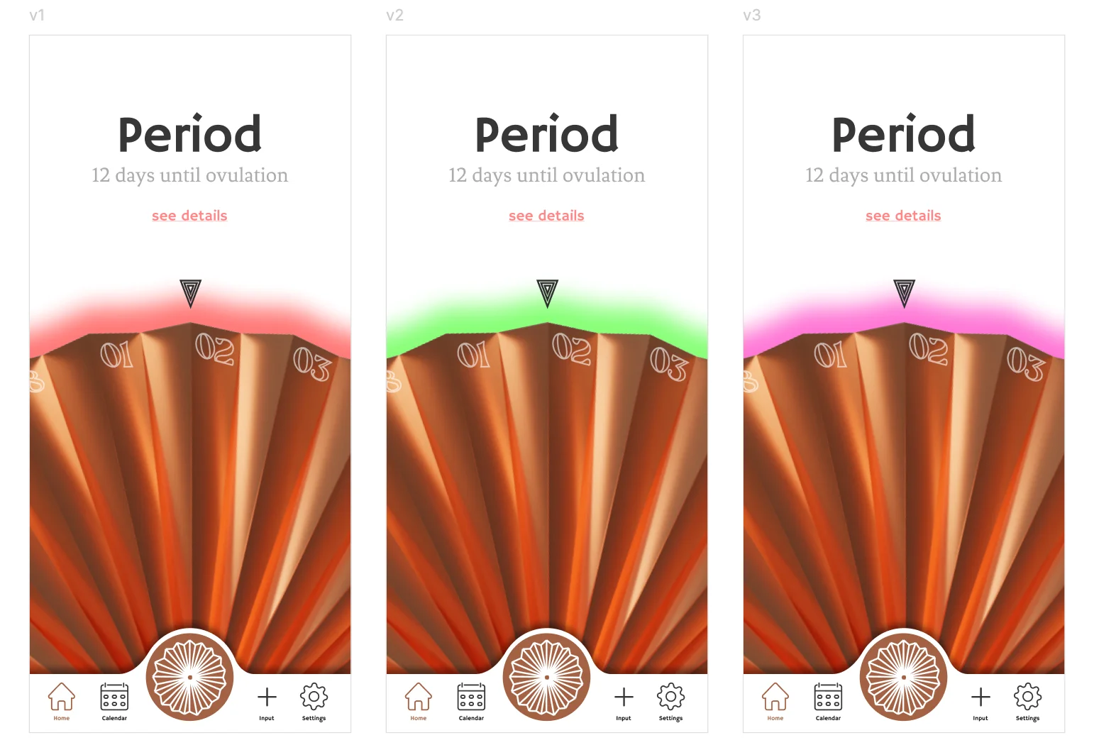 Three iPhone screens showing the same Period view in white, pink, and peach background variants