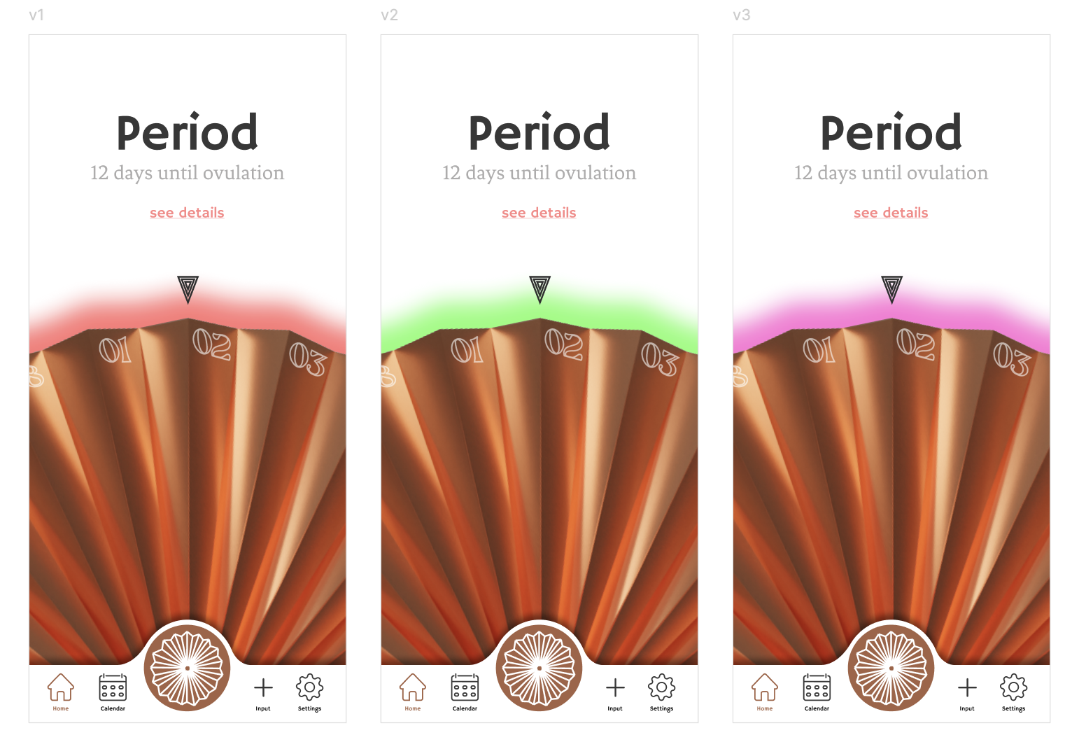 Three iPhone screens showing the same Period view in white, pink, and peach background variants