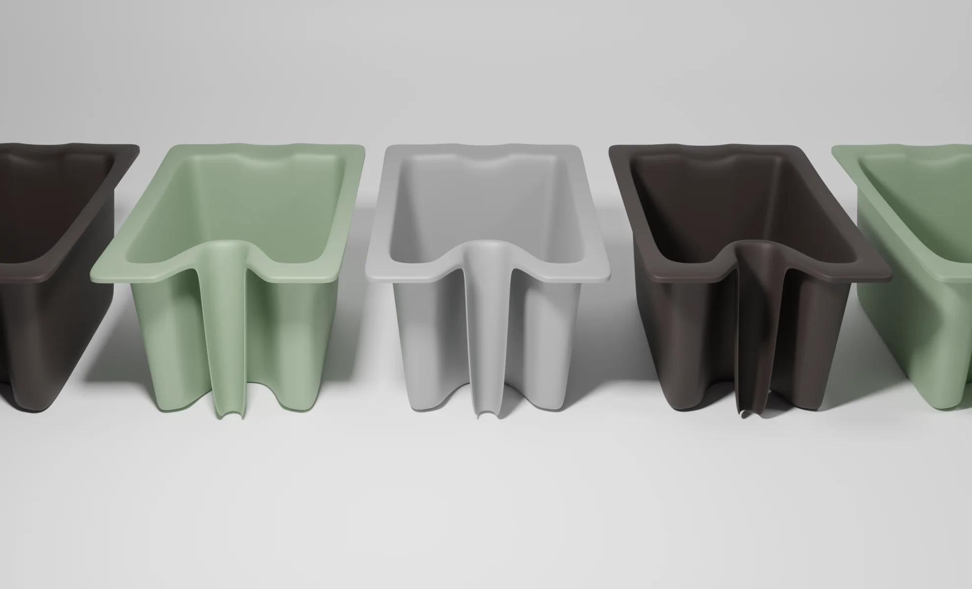The three Vattenkanna colourways rendered side by side: dark brown, sage green, and light grey, all in matte recycled PET