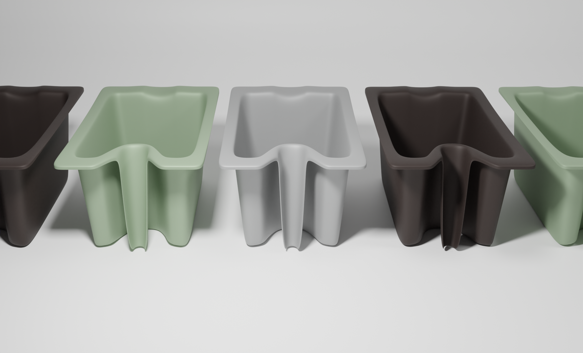 The three Vattenkanna colourways rendered side by side: dark brown, sage green, and light grey, all in matte recycled PET