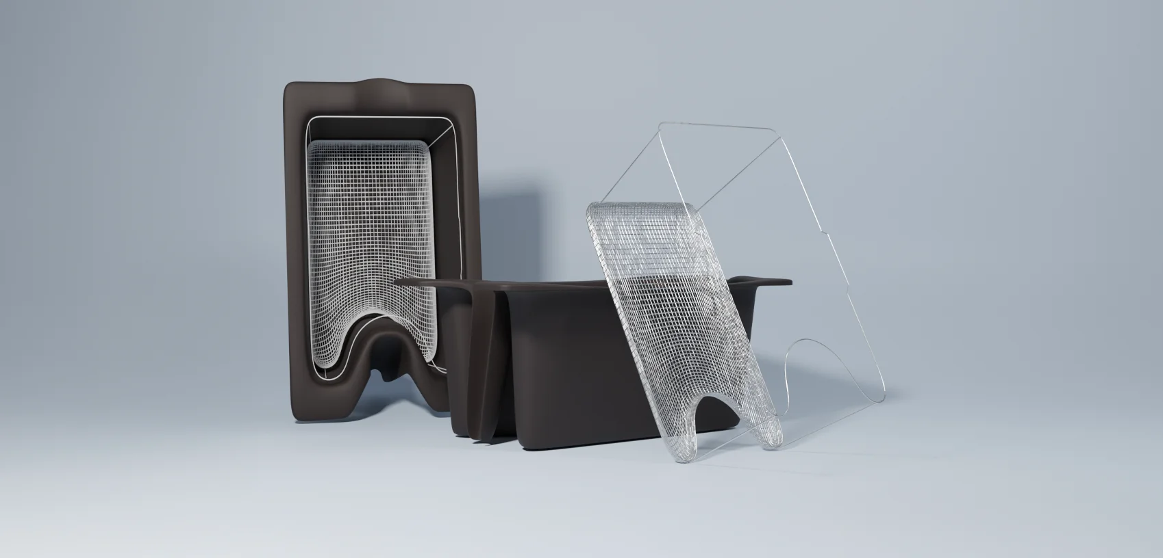 The Vattenkanna vessel and mesh strainer, dark brown moulded basin forms with a wireframe mesh strainer insert, studio render