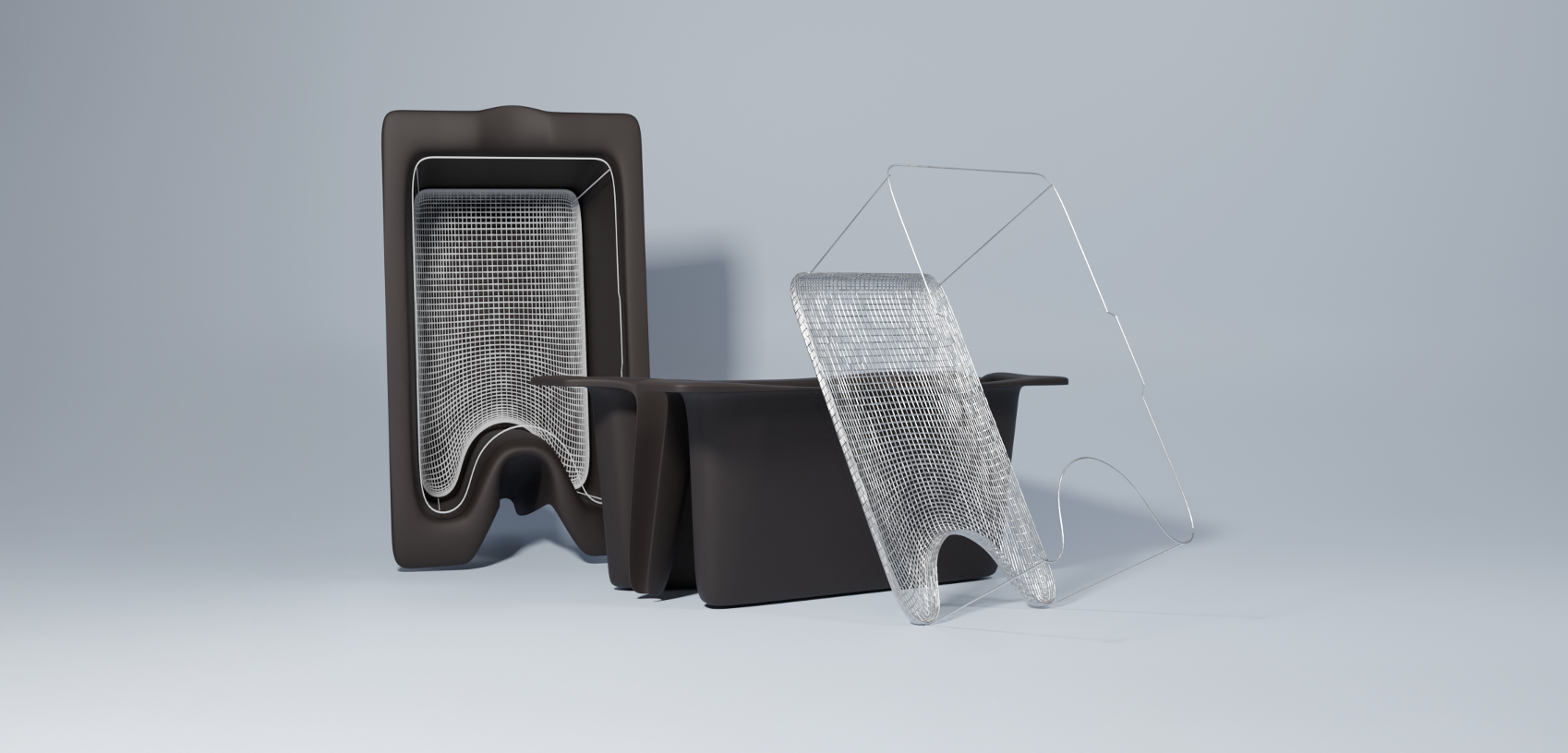 The Vattenkanna vessel and mesh strainer, dark brown moulded basin forms with a wireframe mesh strainer insert, studio render