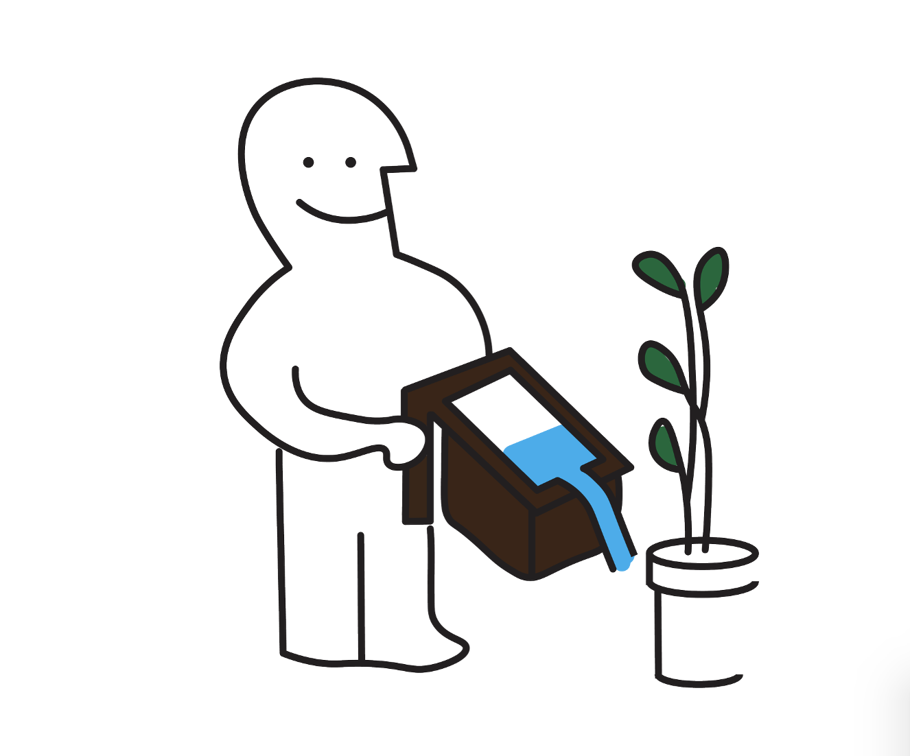Illustration of a person carrying the Vattenkanna by its handle and pouring water onto a houseplant