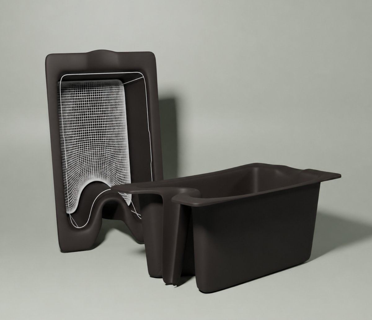 Exploded studio render of the Vattenkanna vessel with its mesh strainer lifted out beside it