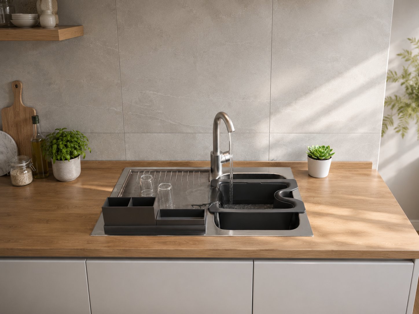 The resolved Vattenkanna sitting in a kitchen sink, water running from the tap into the vessel inside, in the dark brown colourway