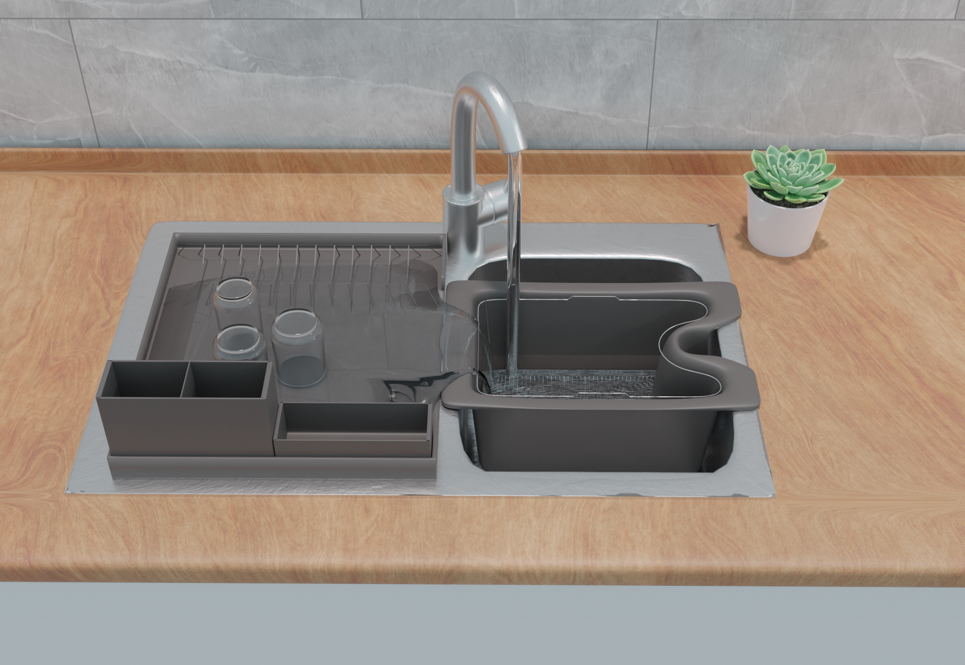 The resolved Vattenkanna sitting in a kitchen sink, with the integrated strainer visible inside, in the dark brown colourway