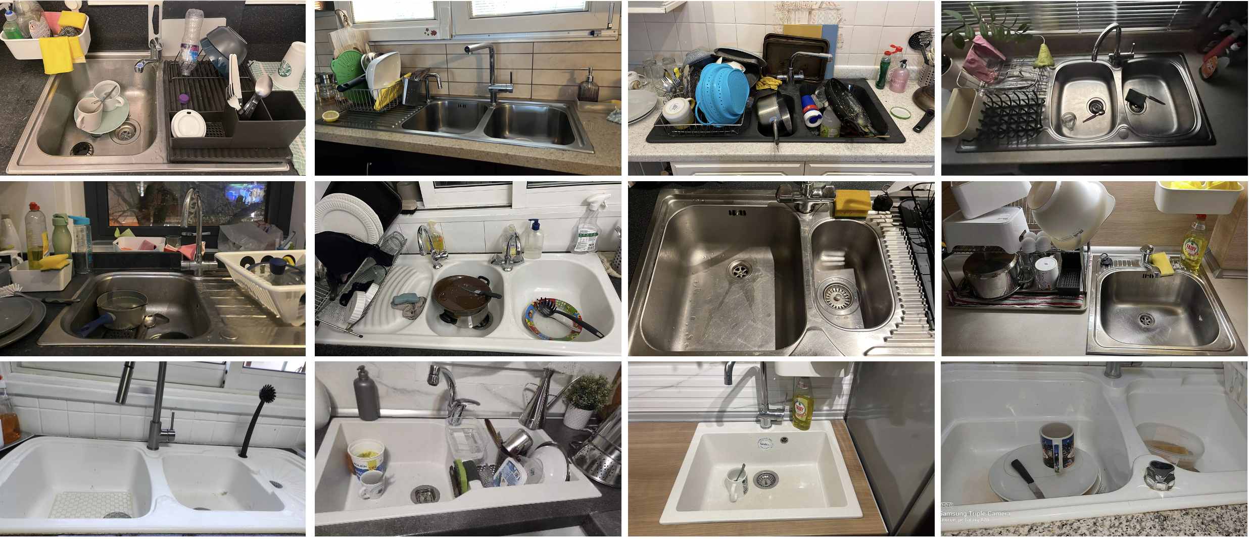 A composite grid of twelve kitchen sink photographs taken by participants in different countries, showing the range of sink types, sizes, and dishwashing setups