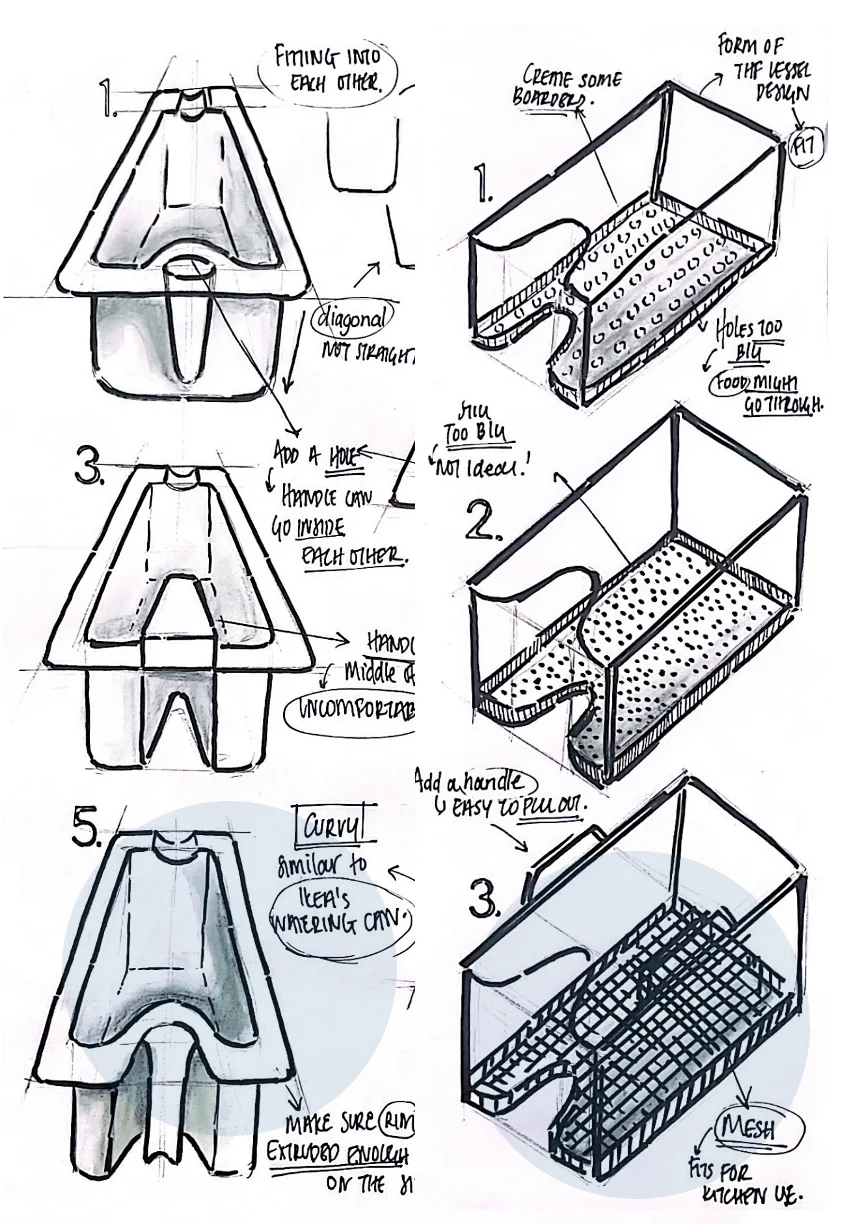 Form-development sketches: vessel nozzle profiles, handle placement, mesh detail