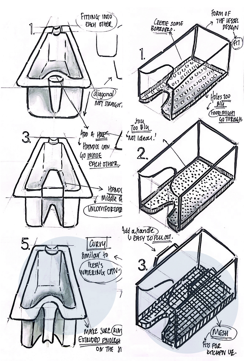 Form-development sketches: vessel nozzle profiles, handle placement, mesh detail