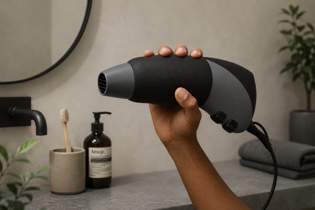 A hand holding the AirFlux hair dryer, matte grey body with a black grip sleeve and no traditional handle