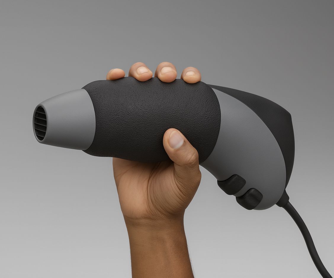 The AirFlux hair dryer held in hand: black tactile body with no traditional handle, grey nozzle