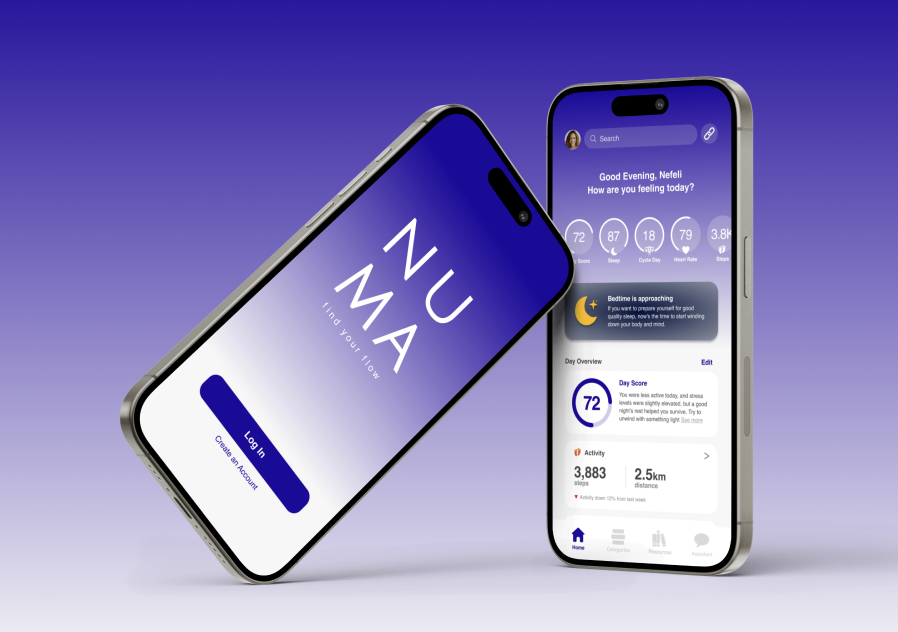 Two phone mockups of the NUMA app: log-in screen with the NUMA wordmark and a dashboard showing daily wellness scores