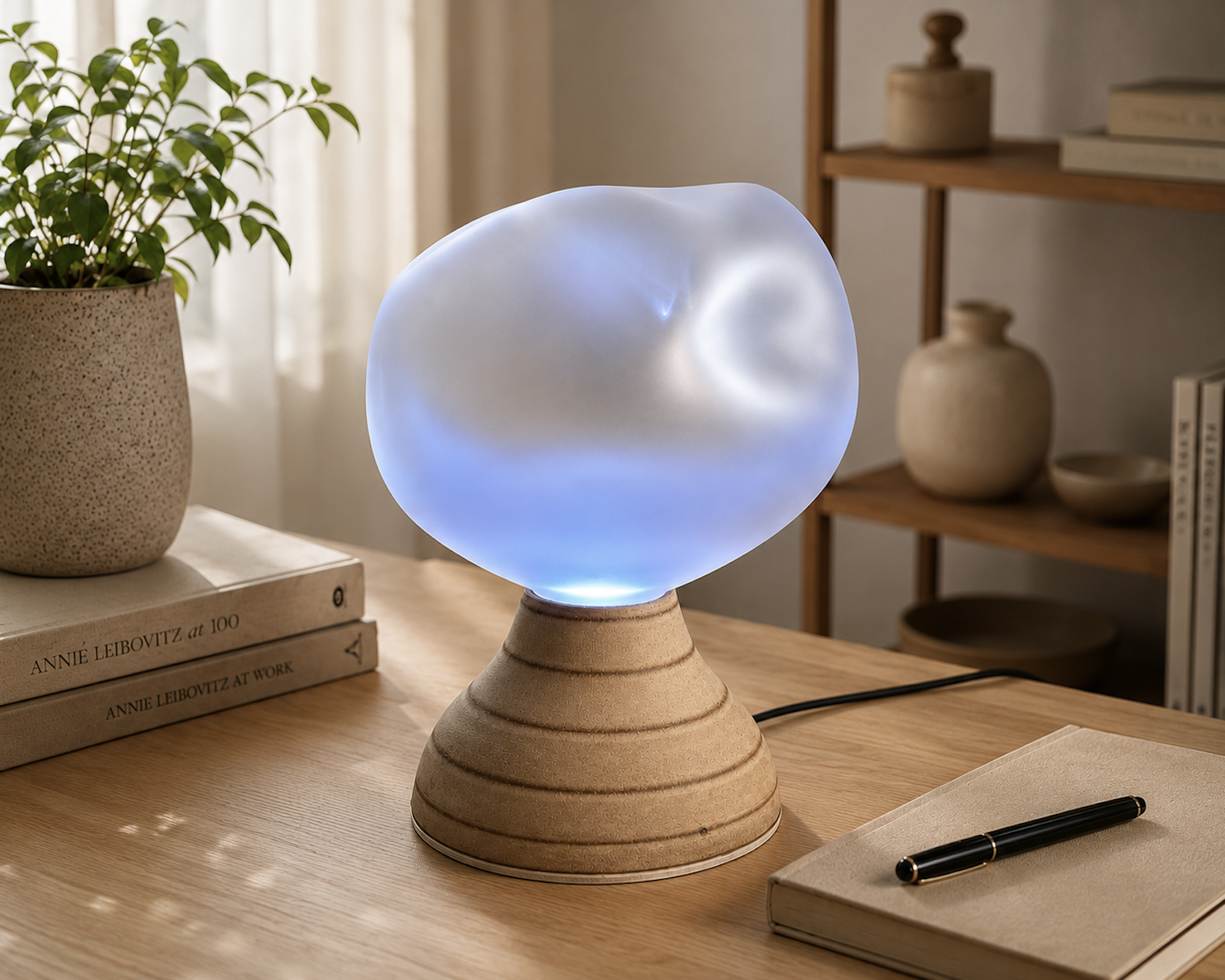 The Ilia breathing lamp: blue glowing organic glass diffuser on a turned wooden base