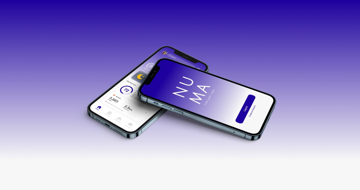 Two phone mockups of the NUMA app: log-in screen with the NUMA wordmark and a dashboard showing daily wellness scores